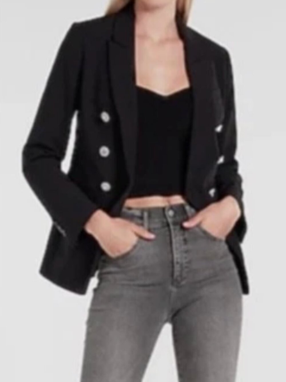Express Twill Double Breasted Embellished Button Black Blazer Crystals